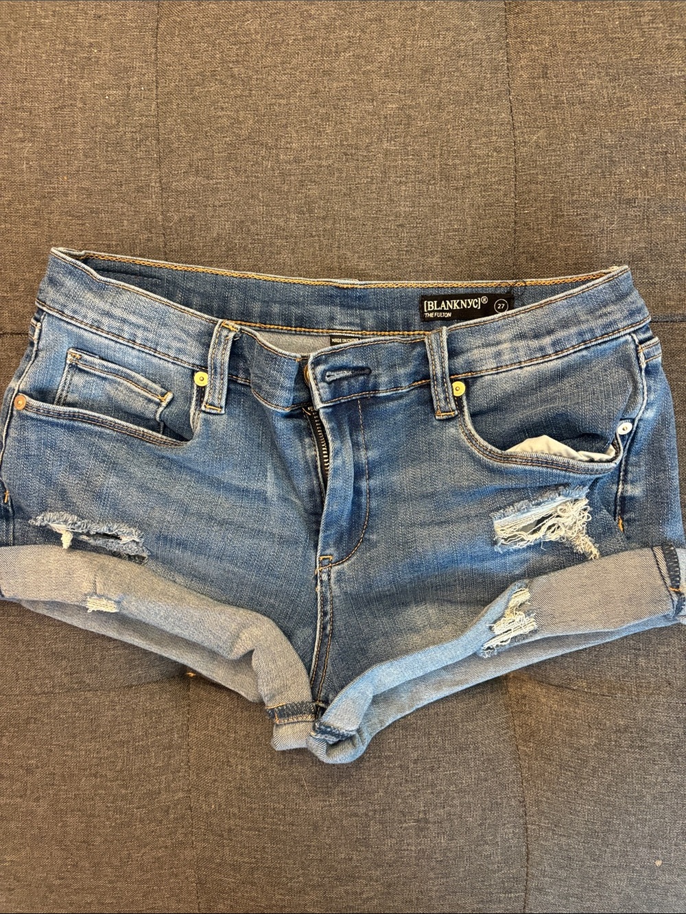 Blank NYC Blue Distressed Rolled Cuff Denim Shorts